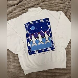 Vintage Mock Neck White Penguin Graphic Sweater